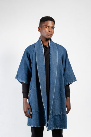 Men's distressed denim kimono in a dark wash