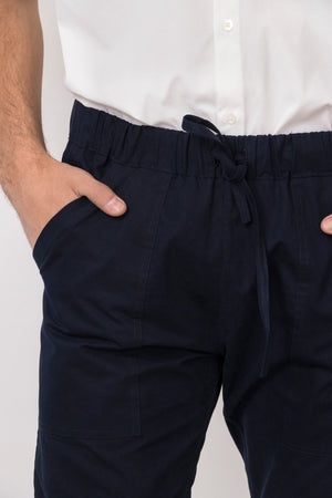 Detail of Simple by Trista Slim-Fit Cotton Twill Drawstring Pants in Navy Blue